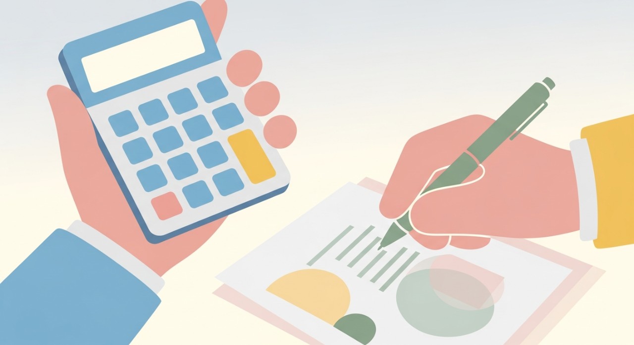 Tangan seseorang sedang mengira dan membuat catatan untuk merancang bayaran pinjaman.