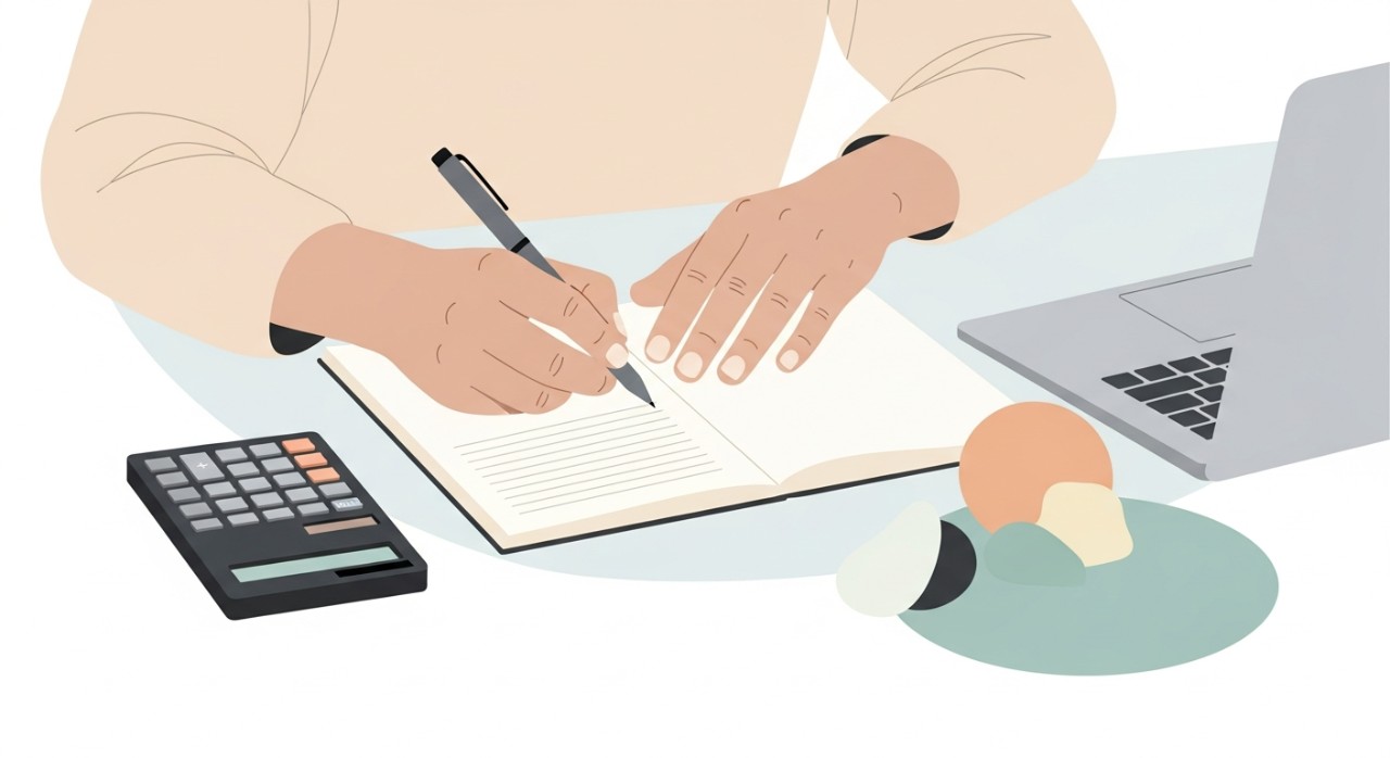 Aplikasi Pengurusan Hutang Pinjaman Terbaik 2026 1 Tangan seseorang sedang menulis di atas buku nota, dengan kalkulator dan komputer riba di atas meja.