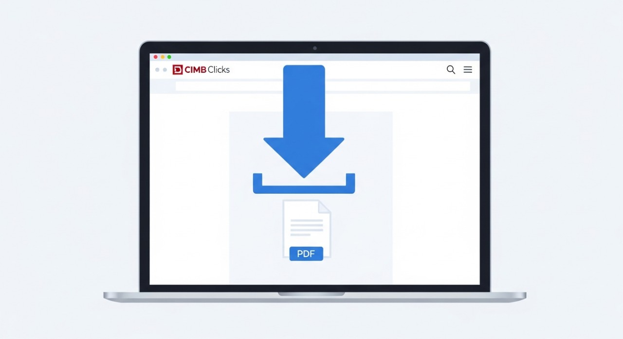 Ikon muat turun PDF berwarna biru di hadapan skrin komputer riba yang memaparkan laman web CIMB Clicks.
