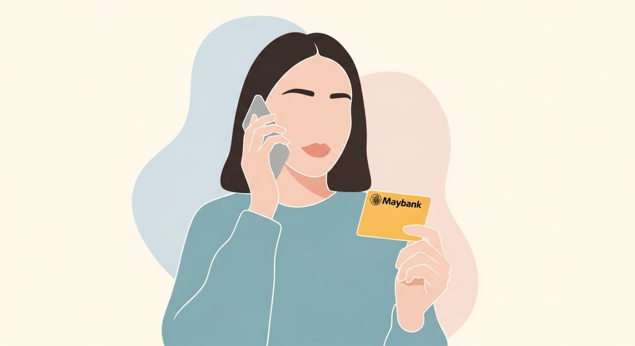 Seorang wanita sedang bercakap di telefon bimbit sambil memegang kad bank Maybank.