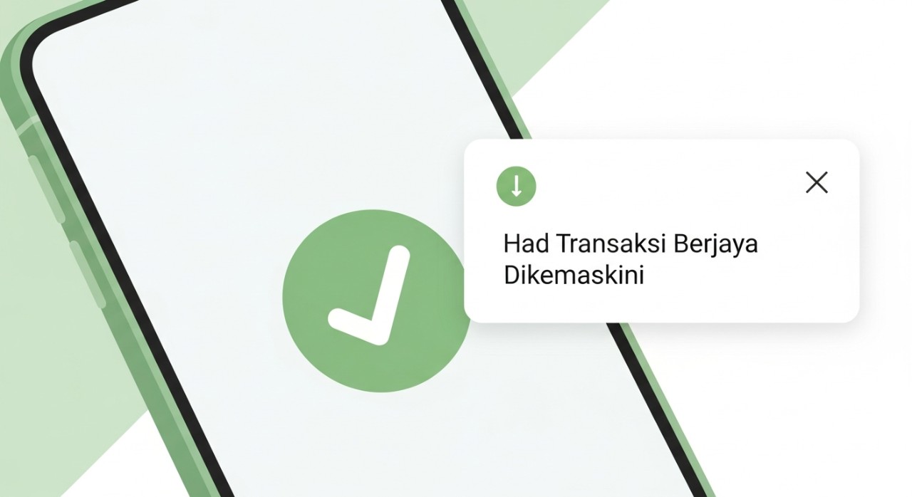 Notifikasi pop-up 'Tukar Had Berjaya' terpapar pada skrin telefon pintar, sebagai tanda proses selesai.