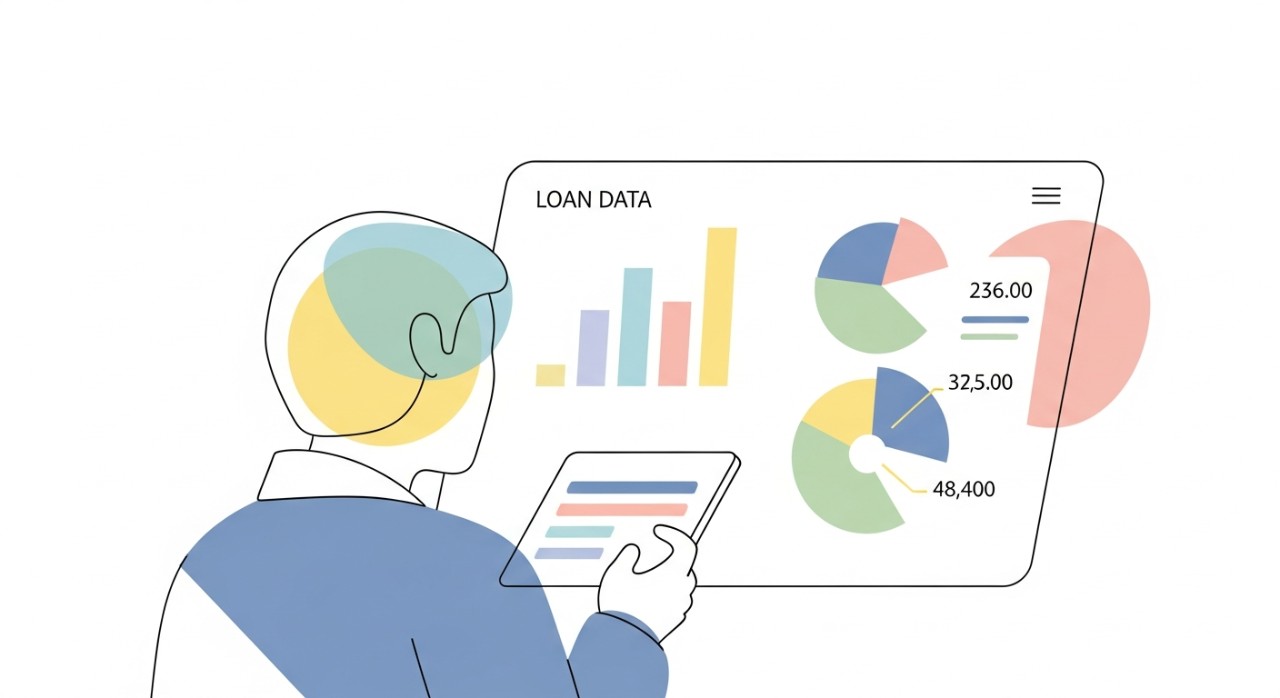 Seorang individu sedang meneliti data pinjaman pada skrin komputer atau tablet menggunakan aplikasi pengurusan kewangan.