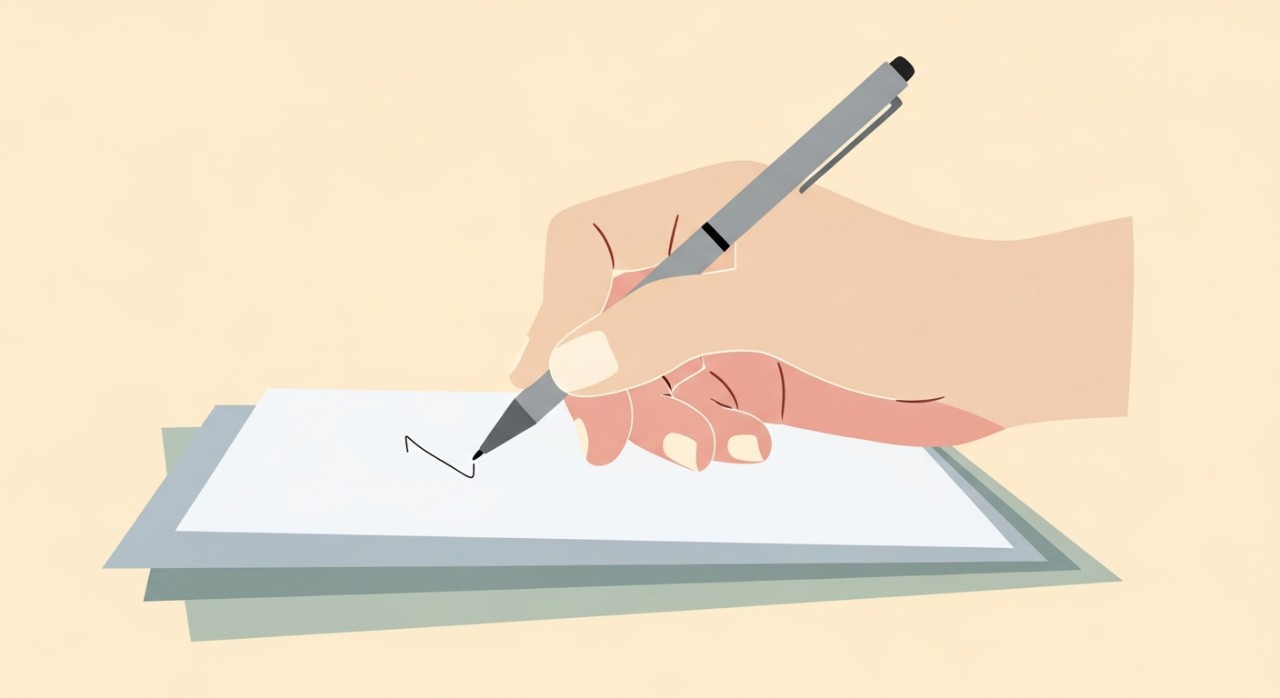 Tangan seseorang sedang memegang pen untuk menandatangani dokumen perjanjian penyelesaian pinjaman.