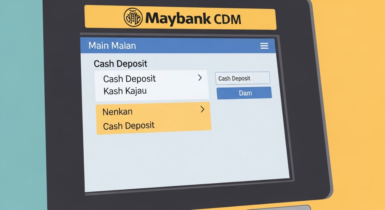Skrin mesin CDM Maybank memaparkan pilihan transaksi untuk deposit tunai.