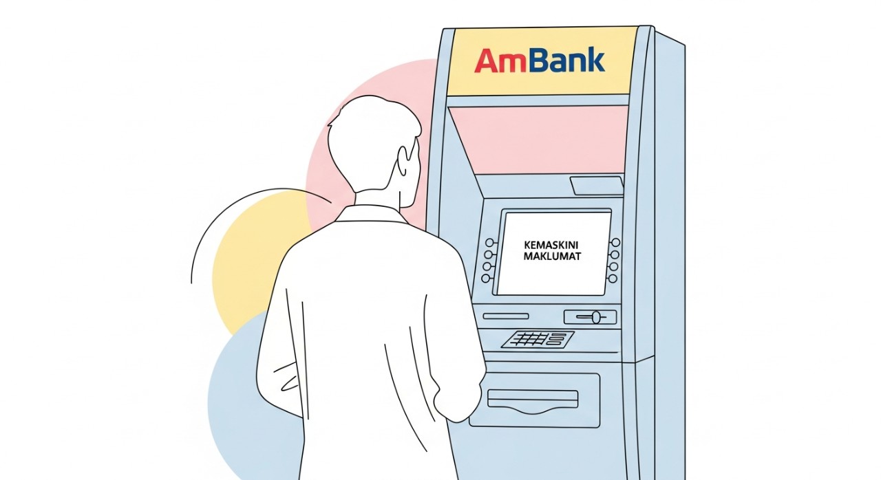 Cara Tukar No Telefon AmBank Tanpa Pening Kepala 1 Seorang pengguna sedang berinteraksi dengan mesin ATM untuk mengemas kini maklumat peribadi.