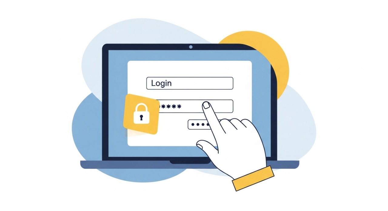 Panduan Cara Daftar Online Banking Bank Rakyat (iRakyat) 1 Tangan seseorang sedang menaip kata laluan pada skrin komputer riba untuk log masuk ke portal perbankan internet i-Rakyat.