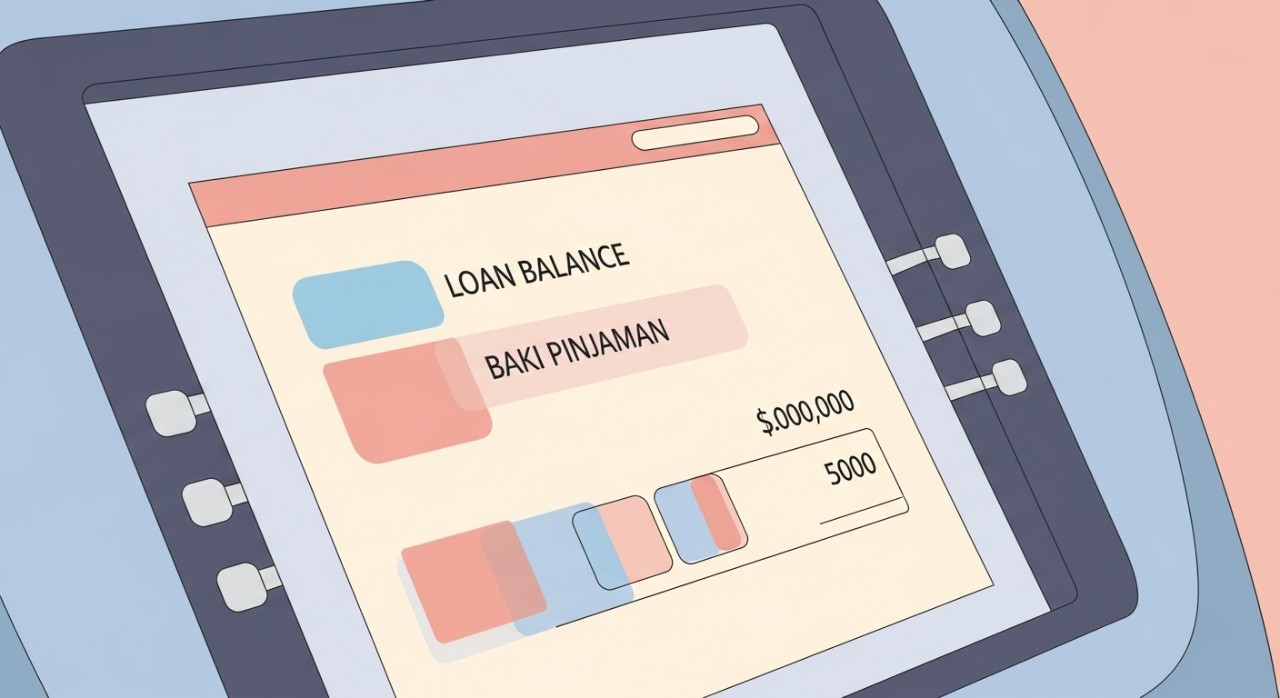 Skrin mesin ATM memaparkan maklumat baki pinjaman yang telah disemak oleh pengguna.