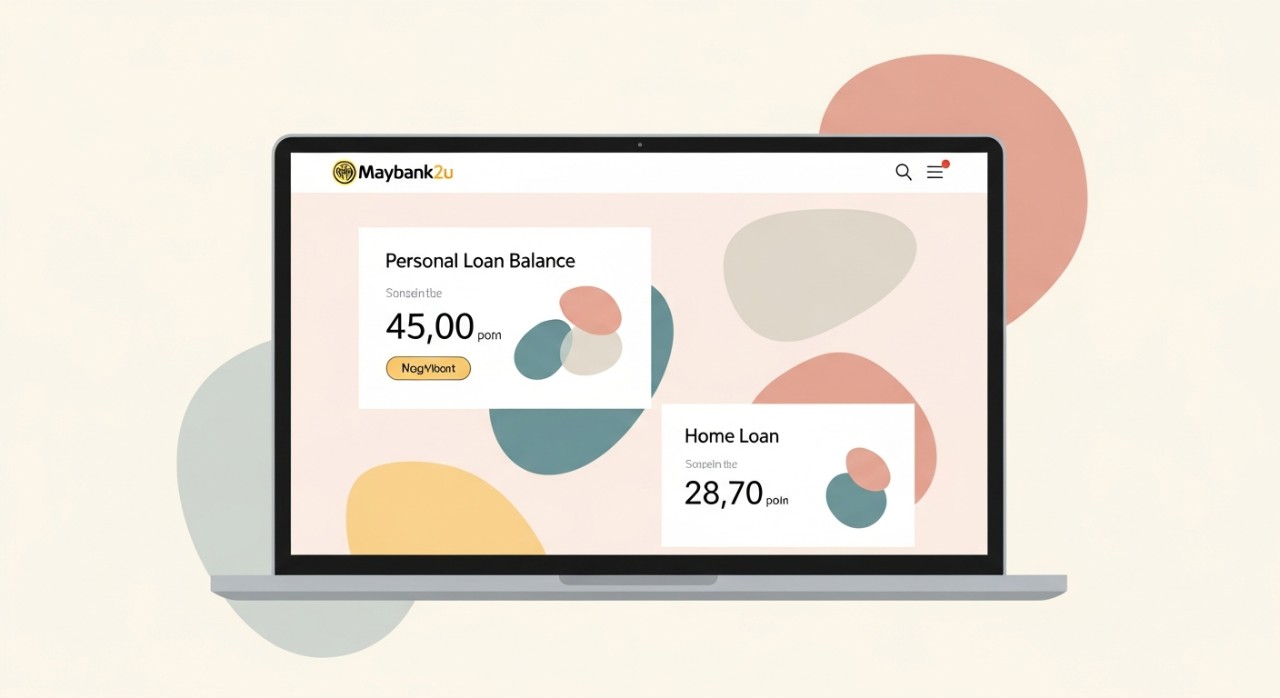 Skrin komputer riba menunjukkan halaman web Maybank2u dengan paparan terperinci baki pinjaman peribadi atau pinjaman rumah.