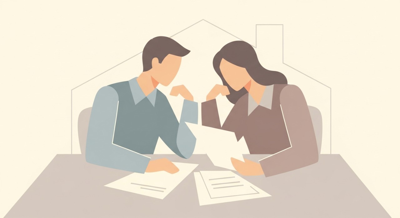 Pasangan suami isteri sedang merancang kewangan untuk pembelian rumah.