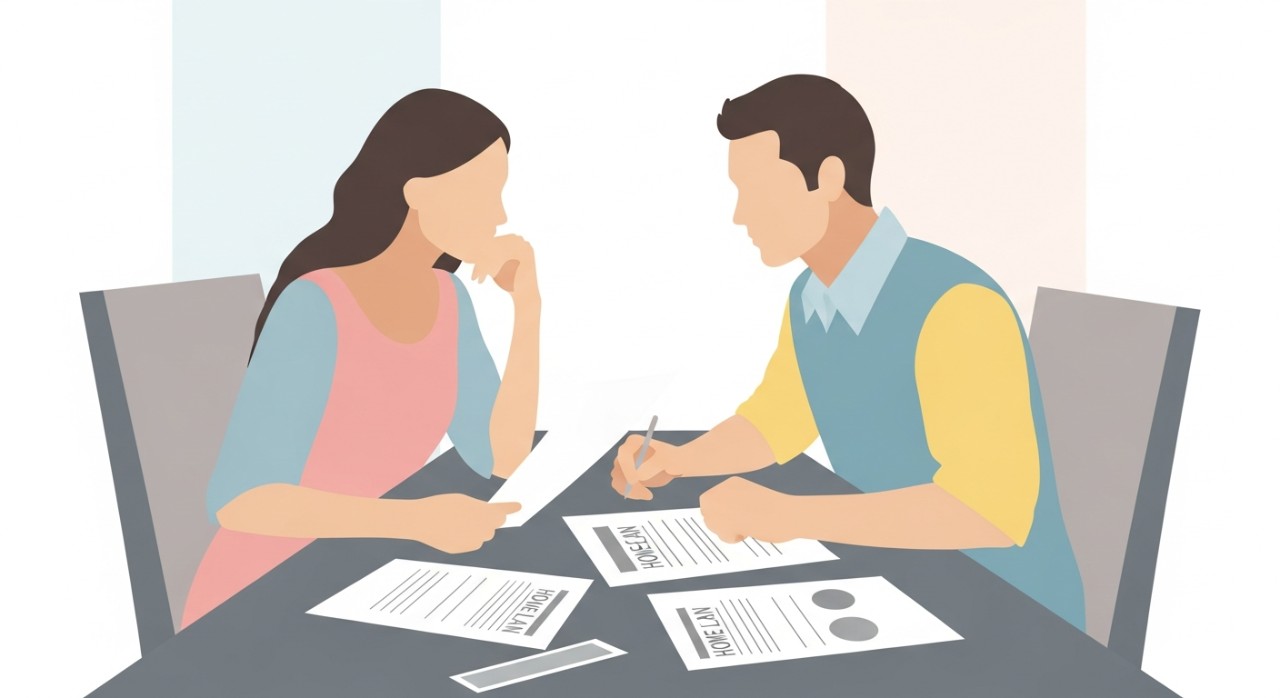 Faedah Pinjaman Perumahan Terkini 2026: Panduan Lengkap 1 Sepasang suami isteri muda sedang berbincang serius sambil melihat dokumen pinjaman perumahan di meja makan.