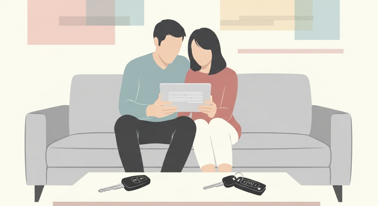 Strategi Jimat Kadar Faedah Baki Pinjaman Kereta 1 Pasangan dewasa sedang duduk di ruang tamu, melihat dokumen kewangan atau bil di atas meja, dengan kunci kereta diletakkan berhampiran.
