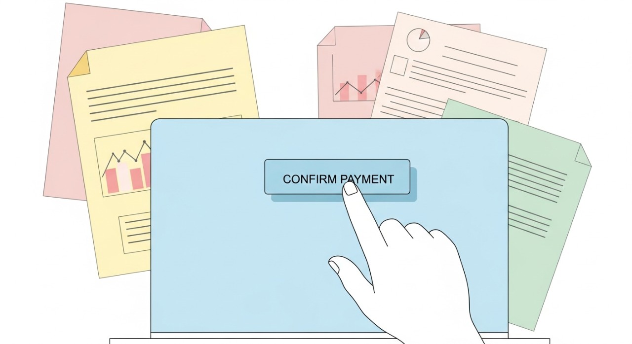 Tangan sedang menekan butang ‘Sahkan Pembayaran’ pada skrin komputer riba di hadapan dokumen kewangan.