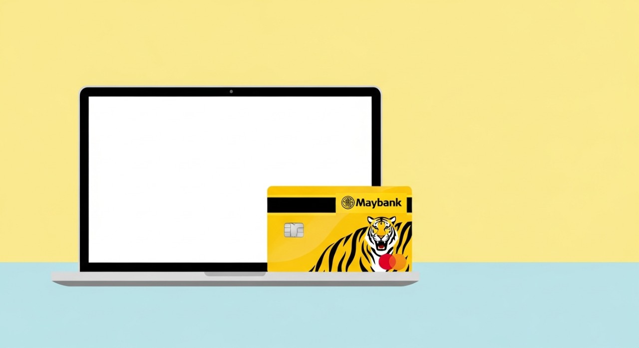 Kad debit Maybank diletakkan bersebelahan dengan komputer riba di atas meja.