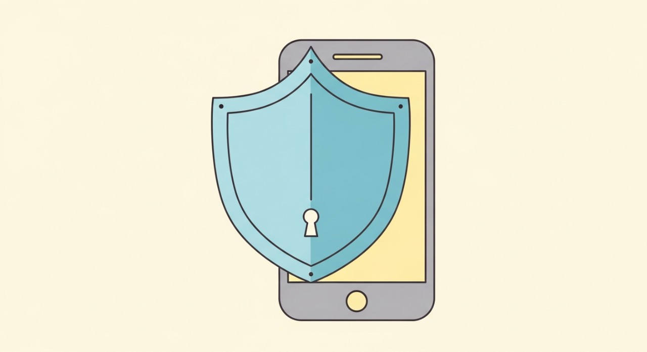 Ikon perisai besar berwarna hijau melindungi telefon bimbit yang memaparkan nombor siri sebagai simbol keselamatan maklumat peribadi.