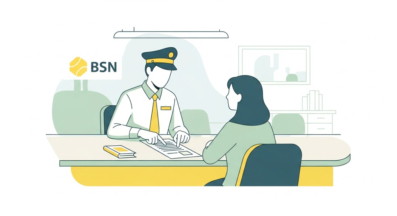 Panduan Lengkap Cara Buat Kad Bank BSN Terkini 1 Seorang pegawai bank BSN sedang memberikan penerangan tentang borang permohonan kepada pelanggan di kaunter.