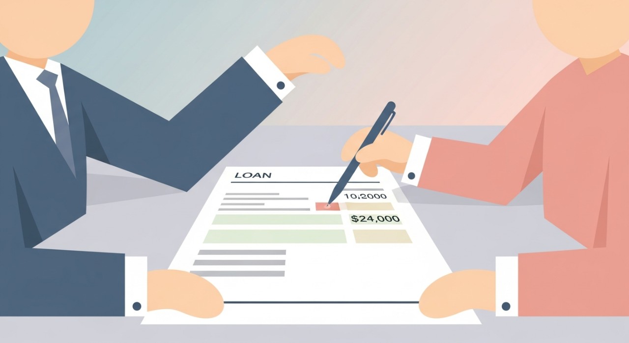 Dua orang profesional (mungkin pelanggan dan pegawai bank) sedang meneliti dan menunjuk ke nombor yang salah pada penyata kewangan yang dicetak.