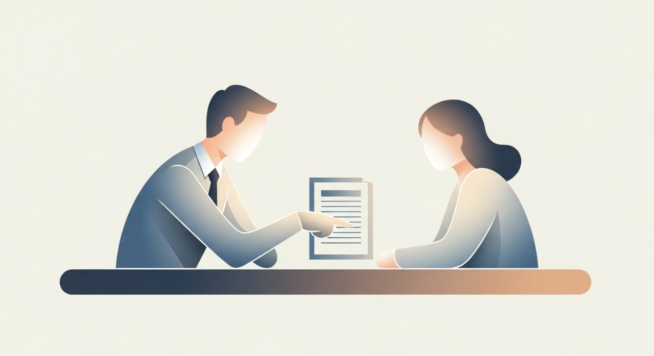 Seorang pegawai bank atau peguam sedang menunjuk dan menerangkan isi dokumen kepada seorang pelanggan yang duduk di hadapannya.