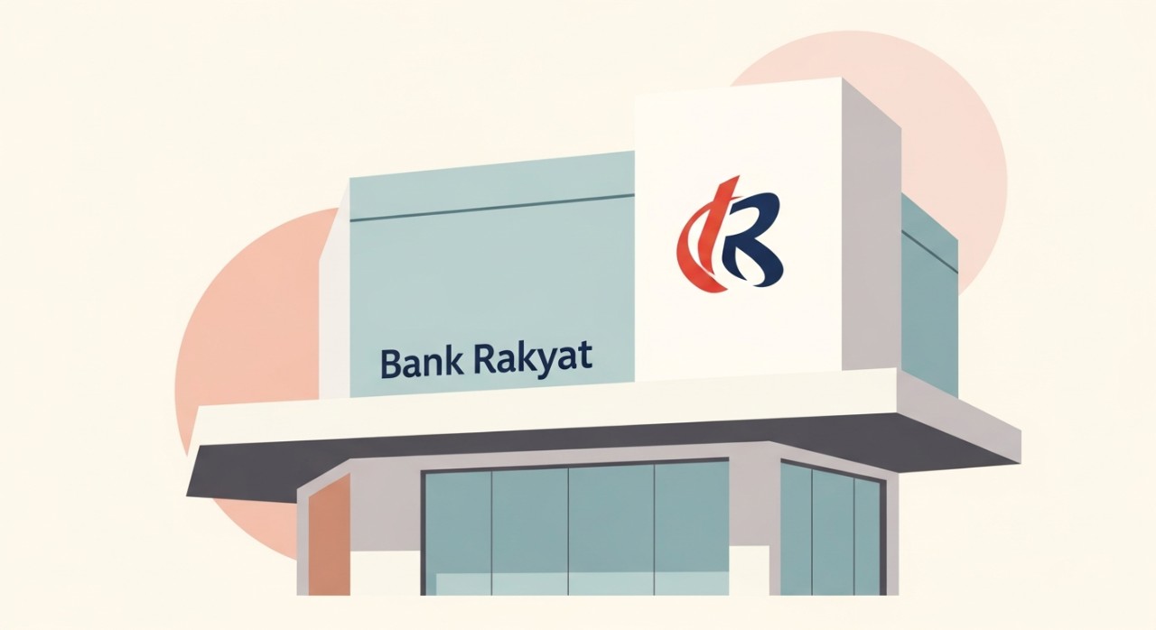 Papan tanda di hadapan sebuah bangunan cawangan Bank Rakyat yang besar dan moden.