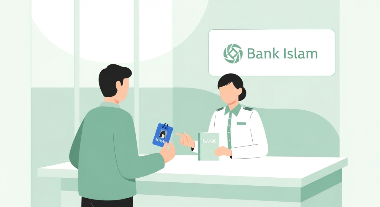 Panduan Langkah Demi Langkah: Cara Tutup Akaun Bank Islam 1 Seorang pelanggan sedang berbincang dengan pegawai di kaunter perkhidmatan Bank Islam sambil memegang dokumen.