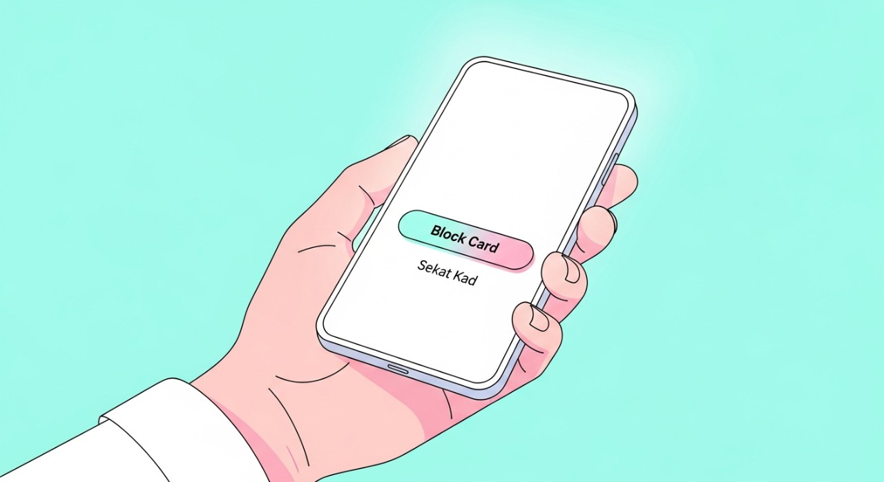 Panduan Cara Block Kad Bank Maybank dengan Cepat 1 Tangan seseorang sedang menyentuh skrin telefon pintar untuk menyekat kad.