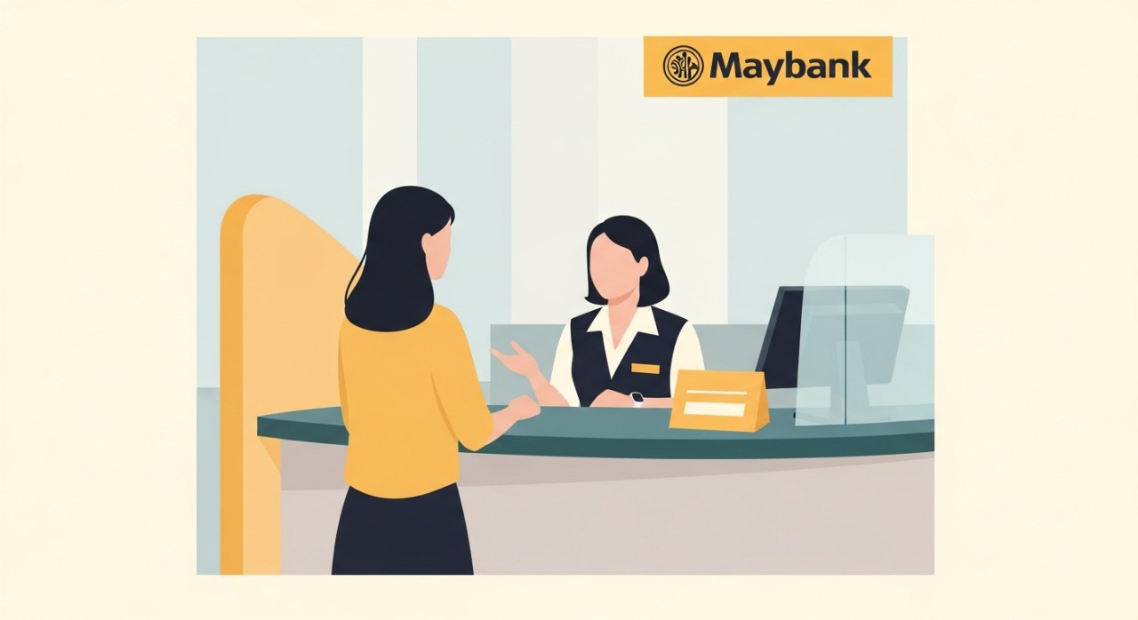 Seorang pelanggan Maybank sedang bercakap dengan pegawai bank di kaunter cawangan untuk urusan perbankan.