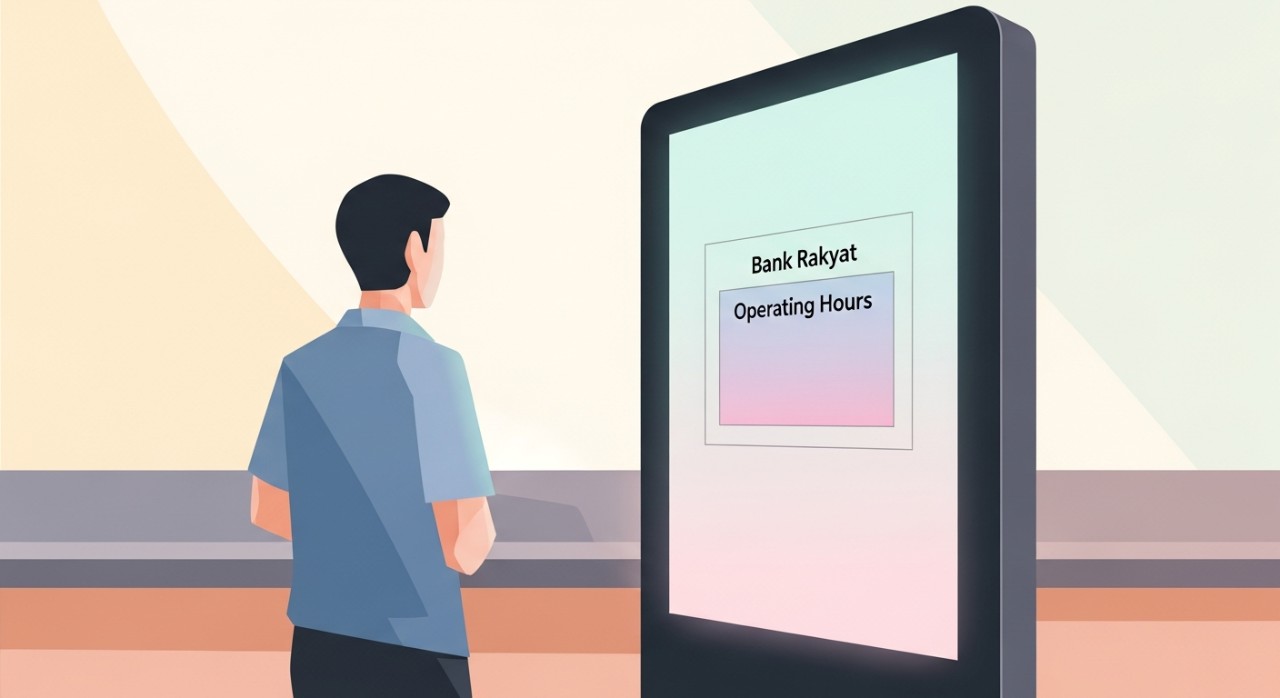 Masa Operasi Cawangan Bank Rakyat Terkini 2026 1 Seorang pelanggan melihat pengumuman waktu operasi Bank Rakyat pada skrin digital di kaunter dalam bank.