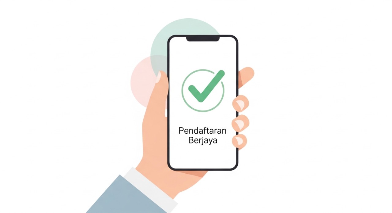 Skrin telefon pintar memaparkan mesej pengesahan 'Pendaftaran Berjaya' dengan tanda semak hijau yang besar.