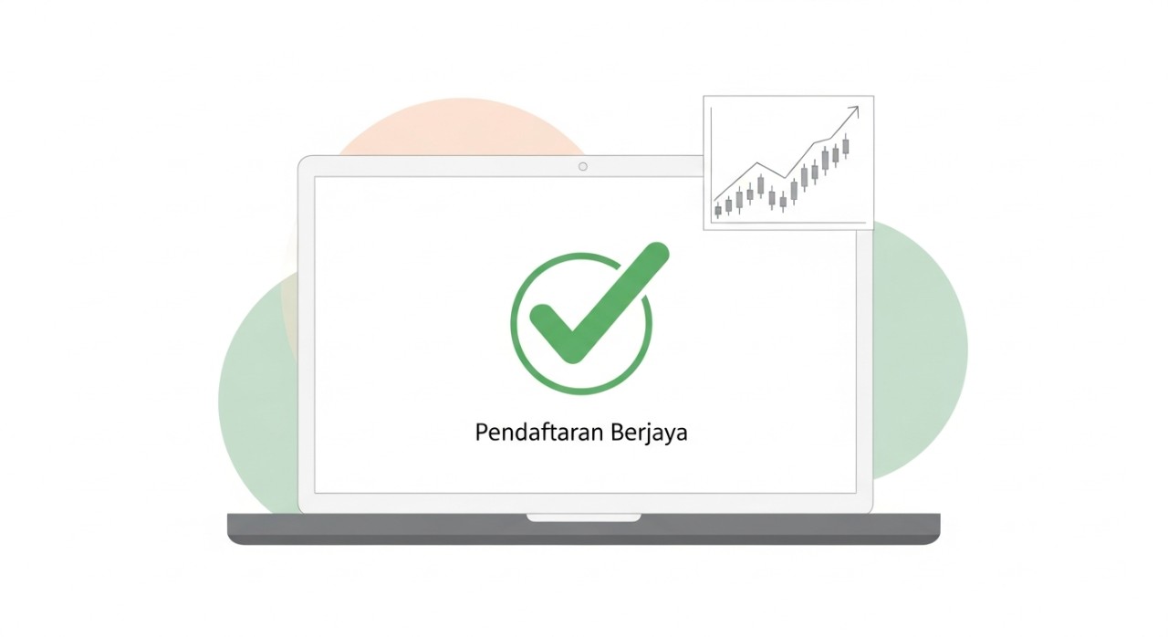 Skrin komputer riba menunjukkan notifikasi pop-up dengan tanda semak hijau besar yang mengesahkan pendaftaran akaun telah berjaya.