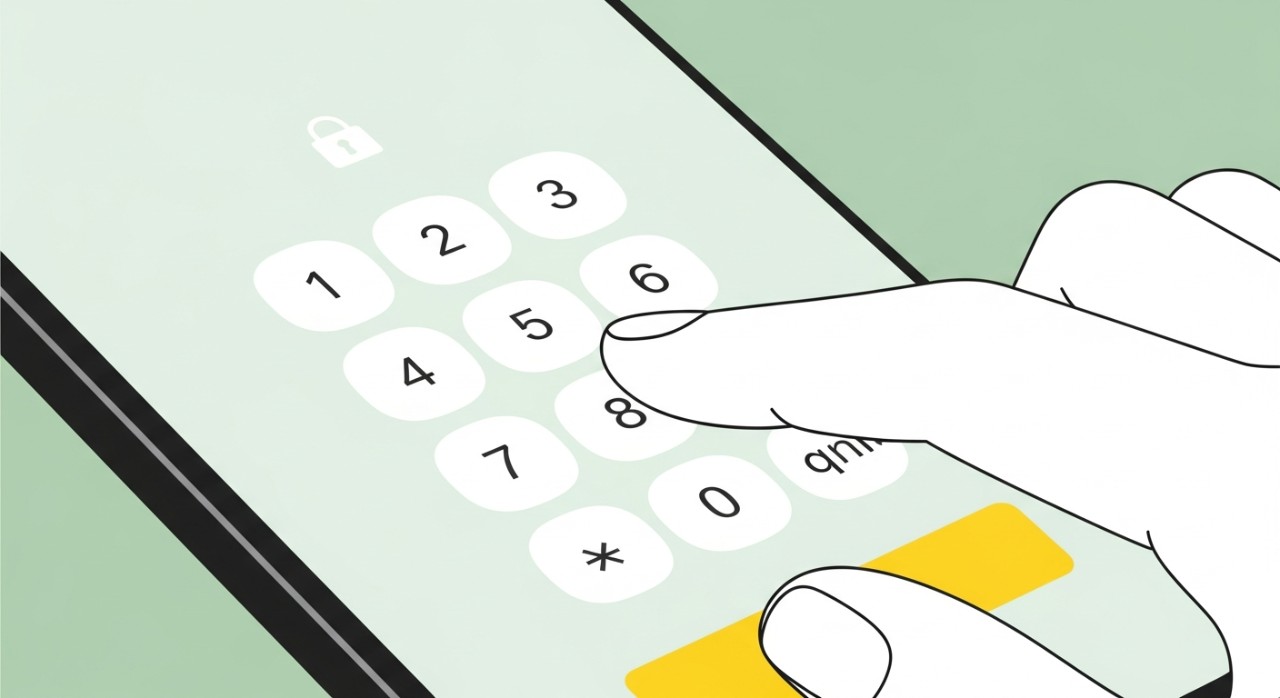 Seseorang sedang menaip nombor PIN pada papan kekunci maya telefon bimbit untuk pengesahan keselamatan.