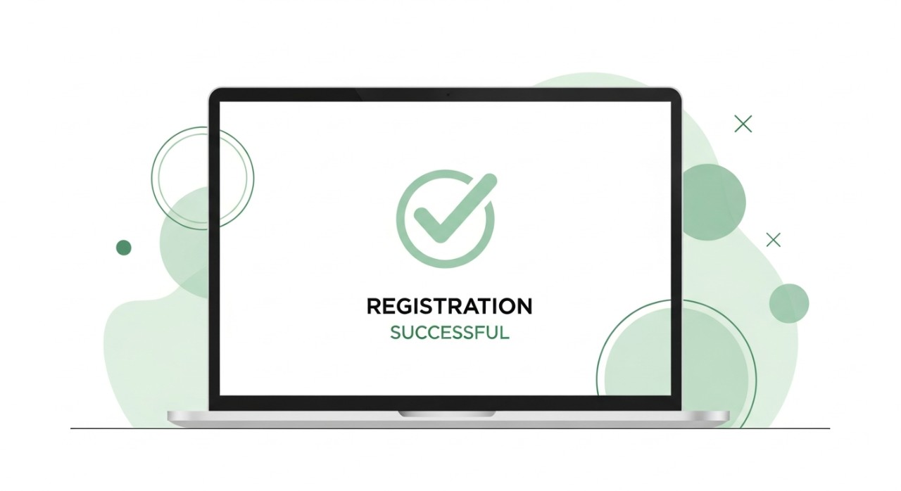 Skrin komputer riba memaparkan mesej 'Pendaftaran Berjaya' dengan ikon tanda semak (checkmark) yang besar dan bersih.