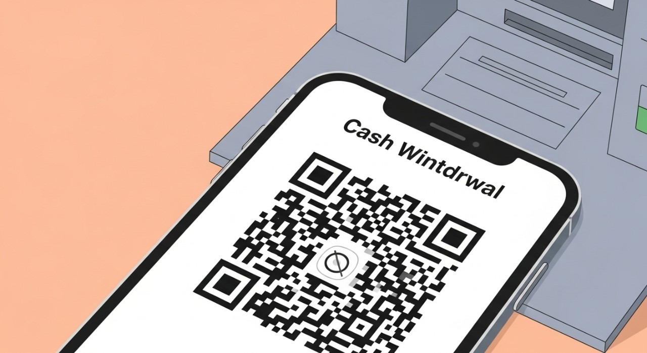 Paparan kod QR di skrin telefon pintar sedia untuk diimbas pada mesin ATM bagi tujuan pengeluaran wang.