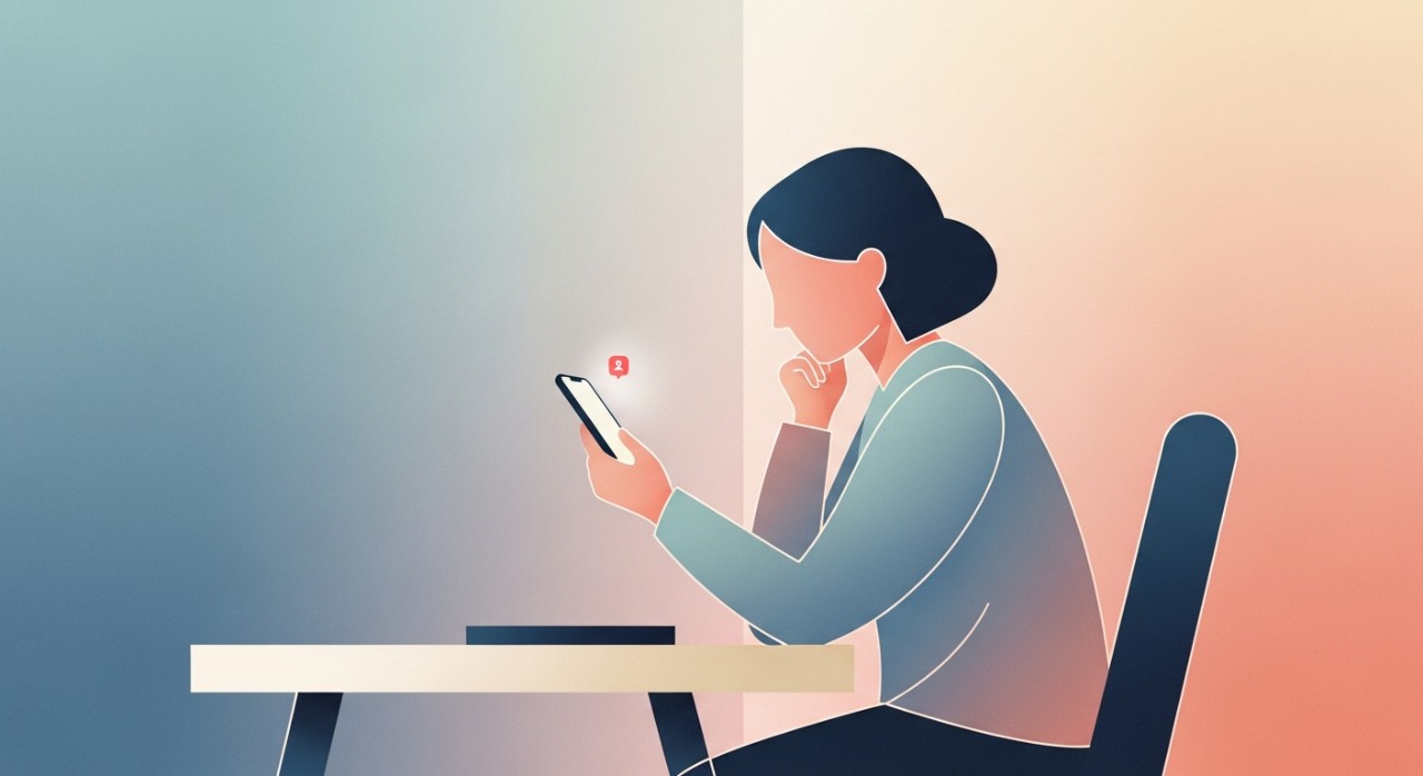 Seorang individu sedang melihat skrin telefon bimbit di ruang kerja, menunjukkan ekspresi berfikir setelah menerima notifikasi pinjaman.