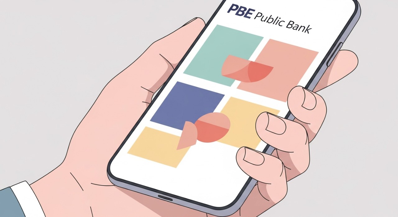 Tangan seseorang memegang telefon pintar yang memaparkan halaman utama perbankan dalam talian PBE Public Bank.