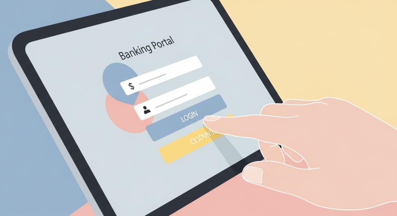 Panduan Lengkap Cara Semak Baki Akaun BSN Online 1 Tangan seseorang sedang menaip kata laluan pada skrin log masuk portal perbankan.