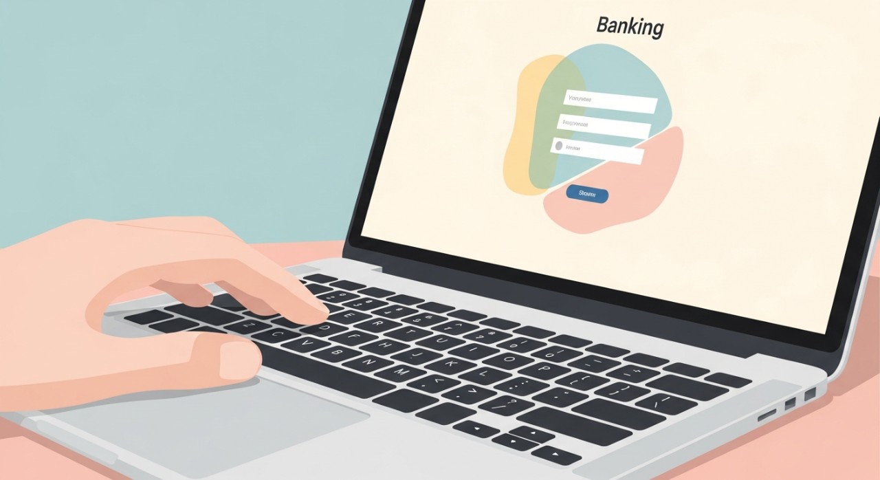 Pandangan dekat tangan yang menaip pada papan kekunci komputer riba di hadapan skrin perbankan digital.