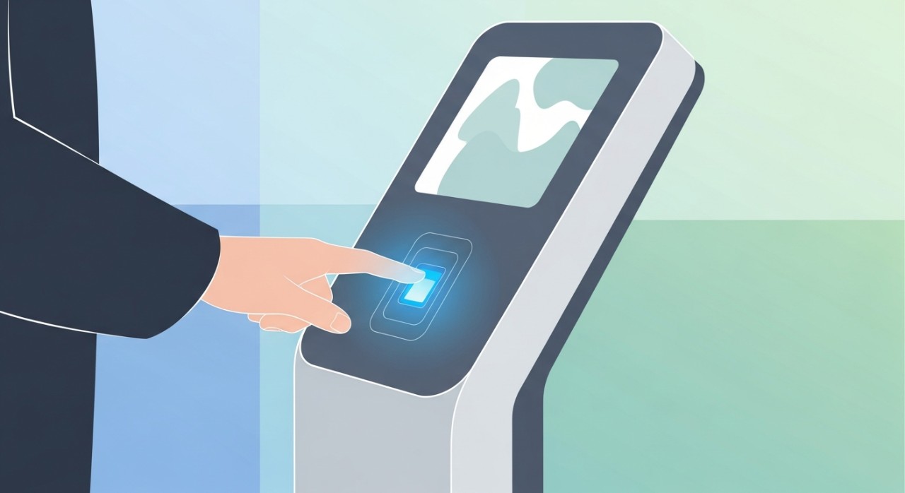 Panduan Lengkap Cara Kemaskini No Telefon KWSP i-Akaun 1 Seorang pengguna sedang mengimbas cap jari di kiosk KWSP untuk pengesahan identiti.