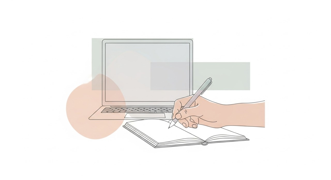 Jenis Pinjaman yang Guna Jadual Pembayaran Tetap 2026 1 Tangan seseorang sedang menulis di buku nota di hadapan komputer riba, menunjukkan perancangan kewangan.