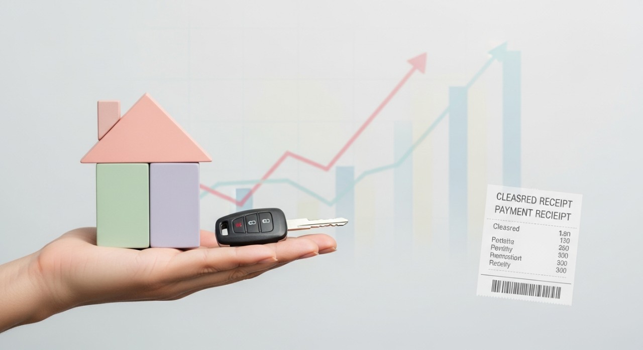 Tangan memegang kunci kereta atau kunci rumah, menandakan kejayaan membayar penuh baki pinjaman.