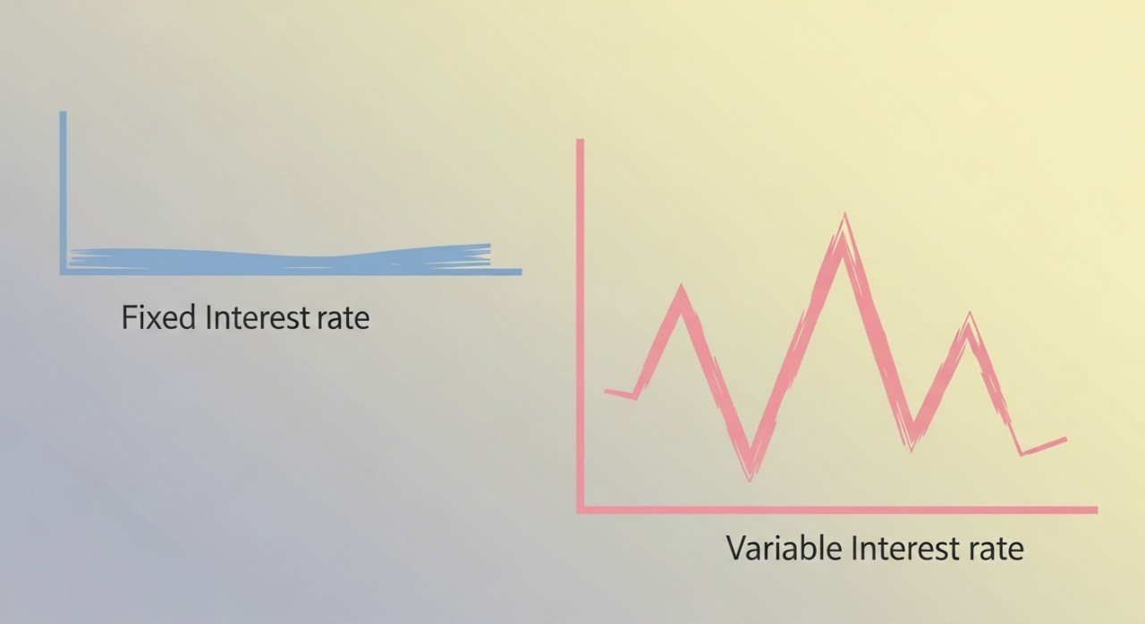 Dua graf berbeza menunjukkan kadar faedah tetap dan kadar faedah berubah.