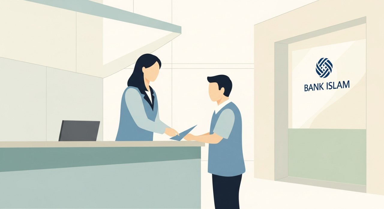 Seorang pelanggan sedang berurusan dengan pegawai bank di kaunter cawangan Bank Islam untuk menukar maklumat peribadi.