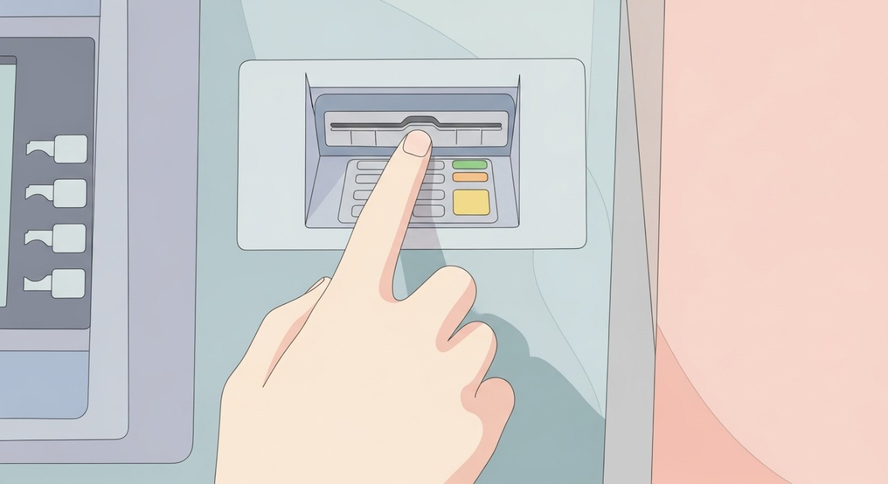 Tangan seseorang sedang memeriksa slot kad pada mesin ATM untuk mengesan peranti skimmer.