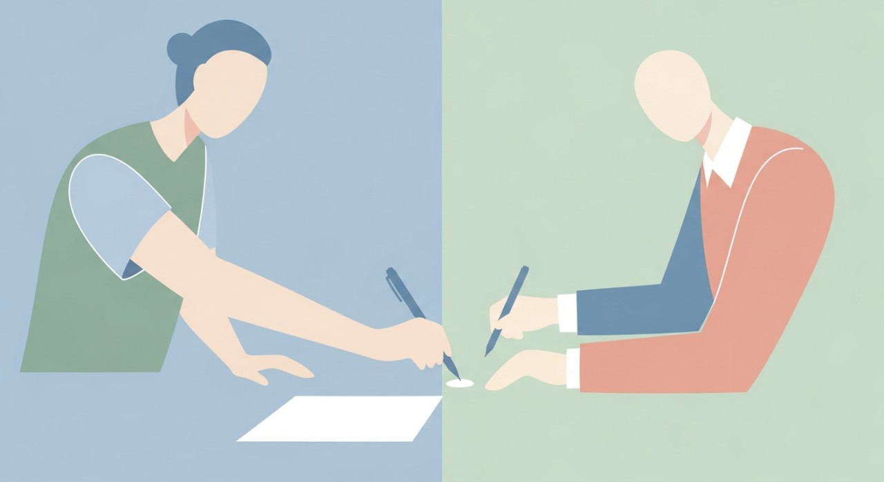 Dua individu sedang menandatangani perjanjian kewangan.