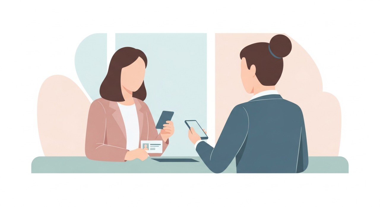 Pelanggan sedang berinteraksi dengan pegawai bank di kaunter sambil menunjukkan kad pengenalan.