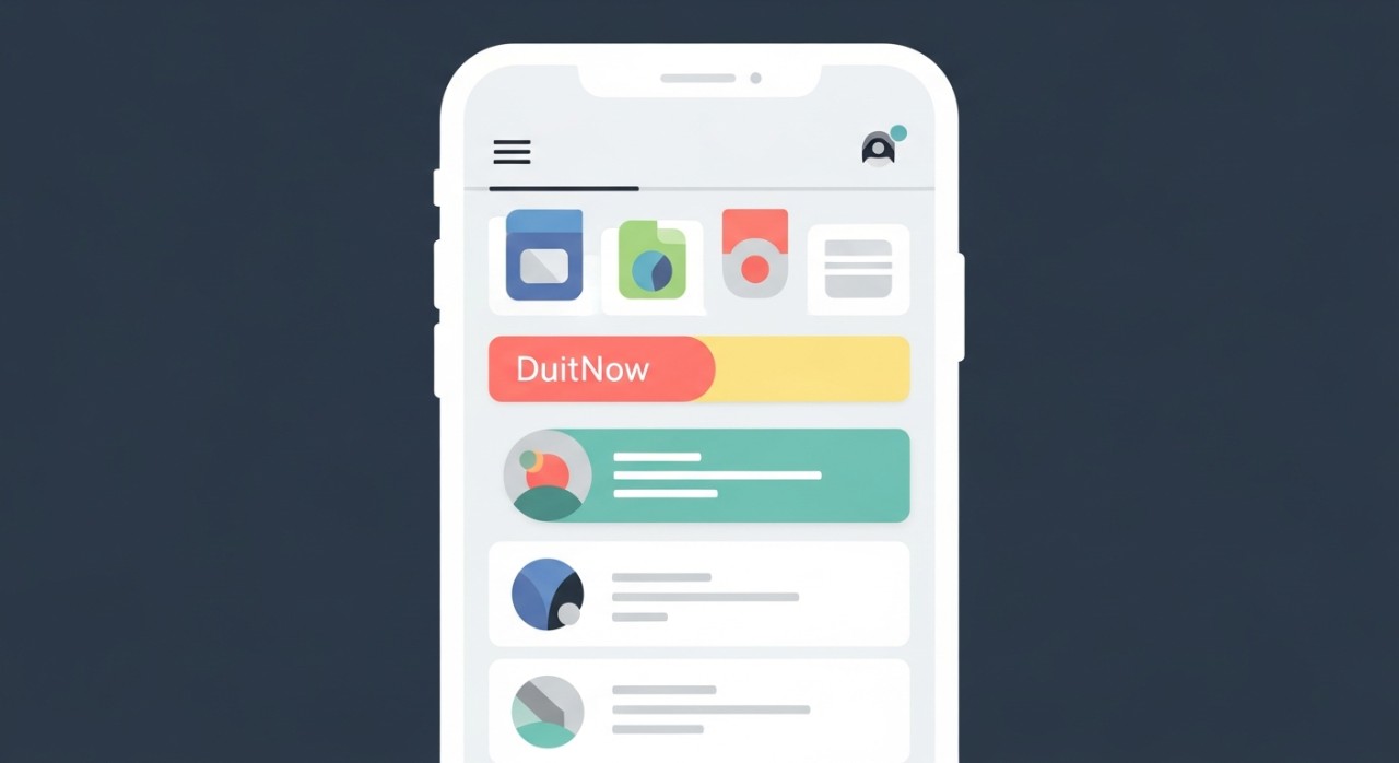 Skrin telefon pintar menunjukkan menu utama aplikasi perbankan dengan pilihan DuitNow diserlahkan.