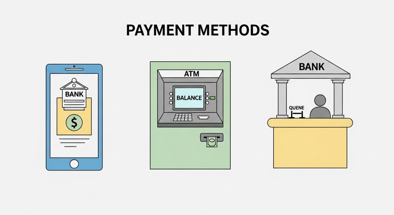 Pilihan ikon yang mewakili pelbagai cara bayaran seperti perbankan internet, mesin ATM, dan kaunter bank.