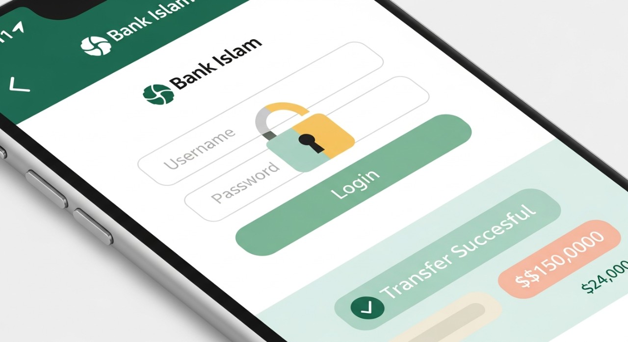 Skrin telefon memaparkan antaramuka perbankan dalam talian Bank Islam.