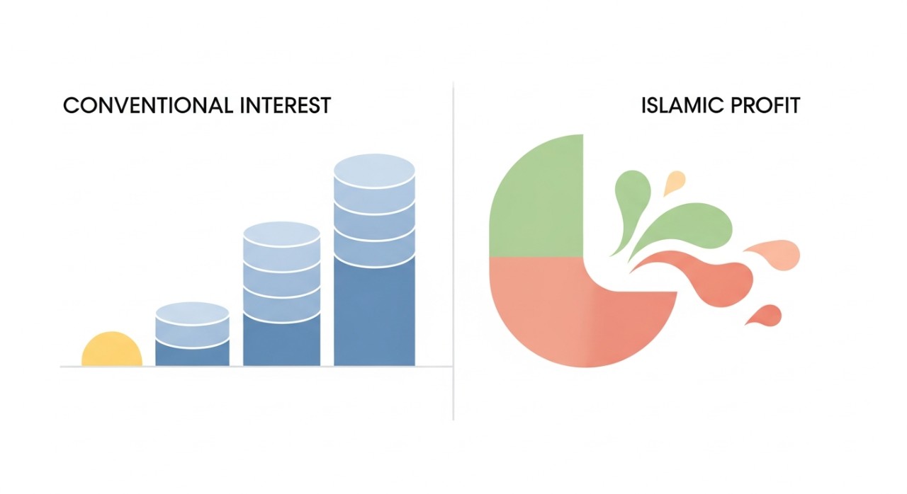 Visualisasi diagramatik yang menunjukkan perbezaan antara faedah konvensional dan keuntungan Islamik.