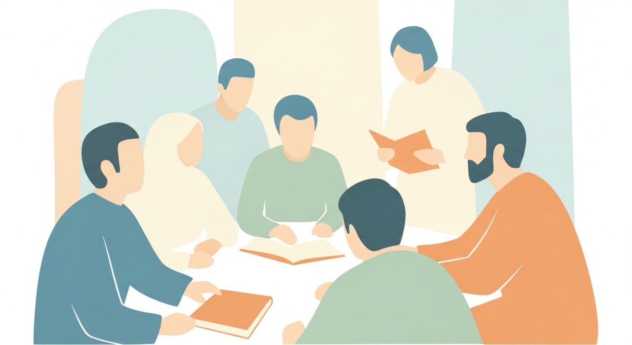 Jadual Pinjaman Islamik Tiada Faedah 2026: Panduan Lengkap 1 Sekumpulan orang sedang membincangkan prinsip kewangan Islam yang bebas riba.