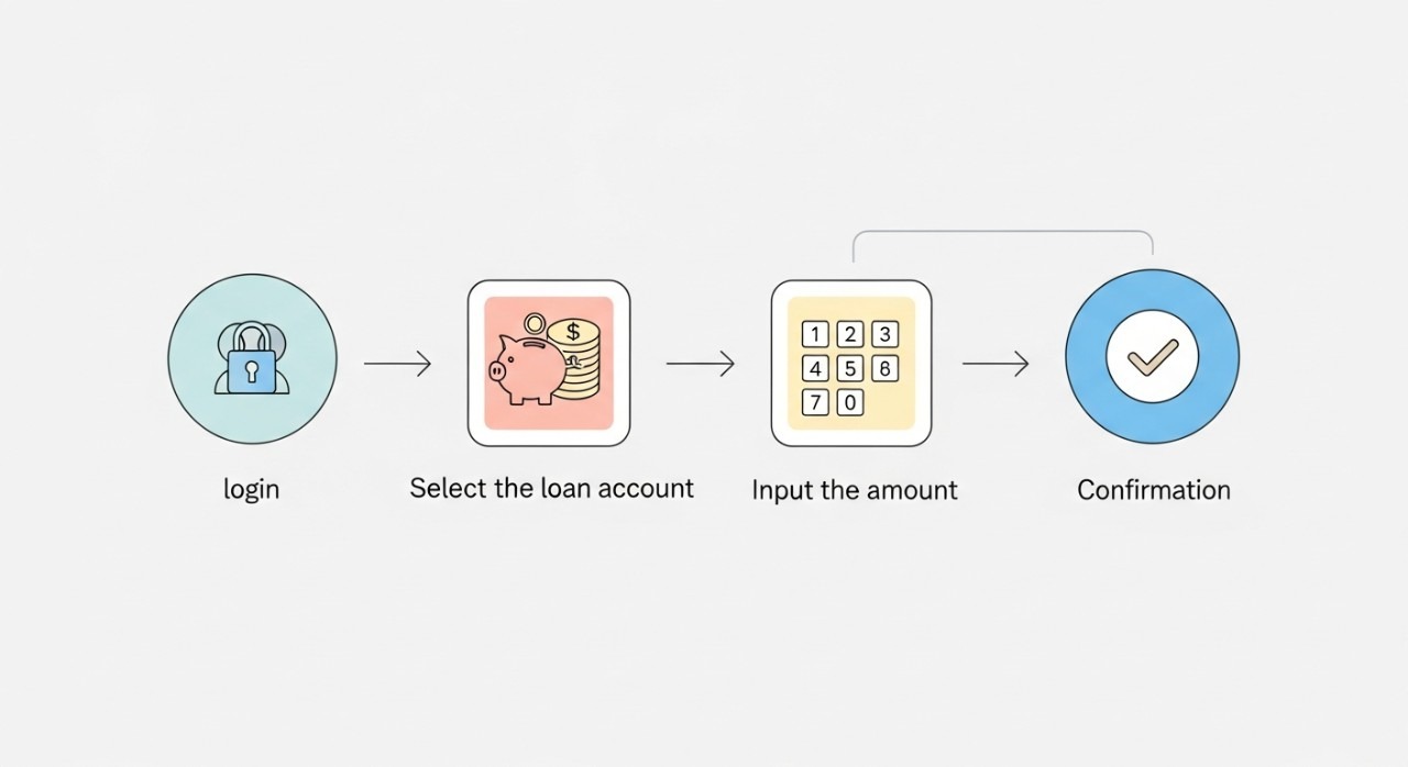 Susunan ikon dan anak panah yang menunjukkan langkah-langkah membayar pinjaman kereta di aplikasi perbankan.