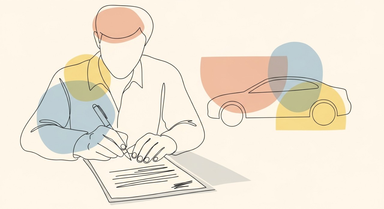 Perbezaan Jadual Pinjaman Kereta Islamik 2026 1 Seseorang sedang menandatangani dokumen pembiayaan kereta di hadapan sebuah kereta baharu.